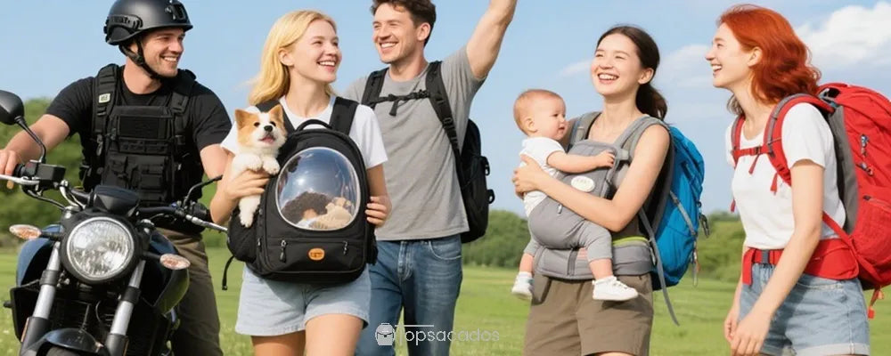 Choisir son sac à dos – Cinq personnes en extérieur utilisant différents sacs à dos : randonnée, moto, école, ordinateur et voyage, dans un environnement naturel
