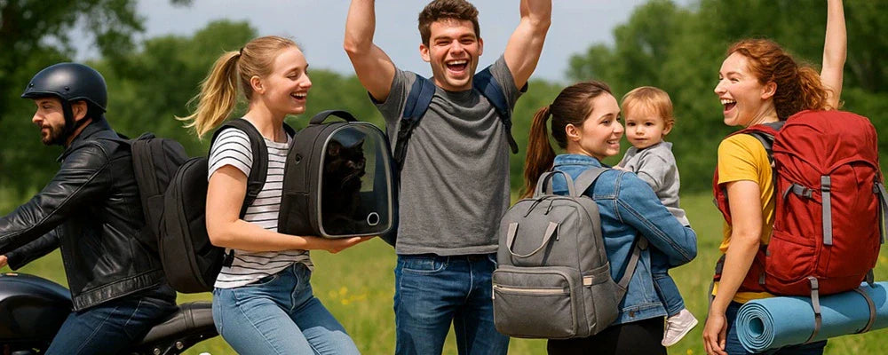 Choisir son sac à dos – Cinq personnes en extérieur utilisant différents sacs à dos : randonnée, moto, école, ordinateur et voyage, dans un environnement naturel