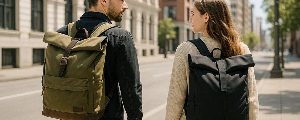 Sac à dos Rolltop en ville – Un homme et une femme marchent dans un environnement urbain lumineux, chacun portant un sac à dos Rolltop différent, l’un en toile kaki, l’autre en noir, adaptés au quotidien