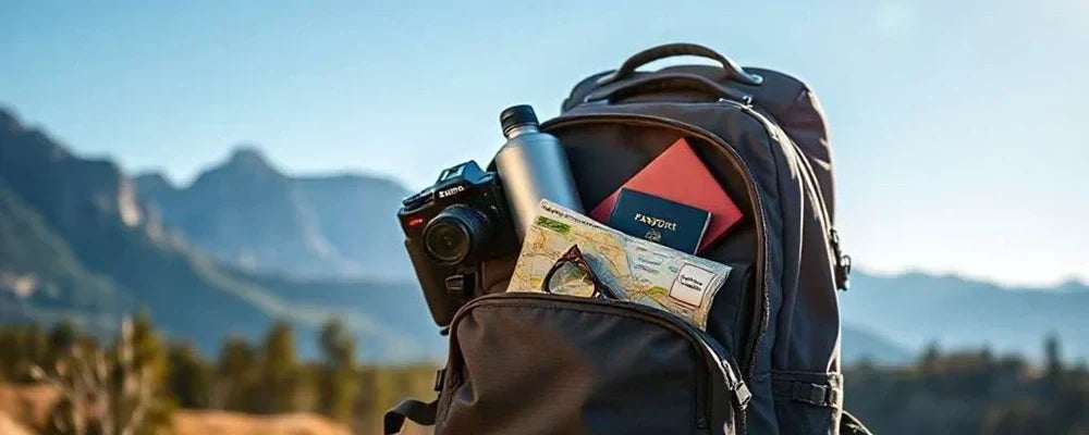 Sac à dos de randonnée ouvert montrant son contenu : appareil photo, passeports, carte de voyage et gourde, illustrant l'importance du volume pour emporter l'essentiel