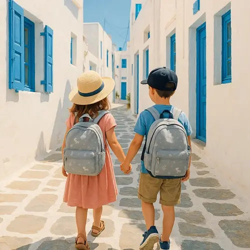 Deux enfants marchant main dans la main dans une ruelle méditerranéenne ensoleillée, portant chacun un sac à dos enfant gris clair assorti, entre murs blancs et volets bleus