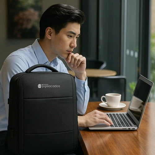 Jeune homme travaillant sur un ordinateur portable dans un café moderne, avec un sac à dos noir pour ordinateur portable en avant-plan, élégant et fonctionnel