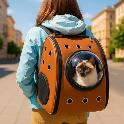 Personne de dos portant un sac à dos chat rigide marron avec un chat siamois aux yeux bleus à l'intérieur, en pleine promenade urbaine par temps ensoleillé