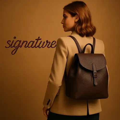 Femme élégante vue de dos portant un manteau beige et un sac à dos femme chic en cuir marron foncé devant un fond doré minimaliste.