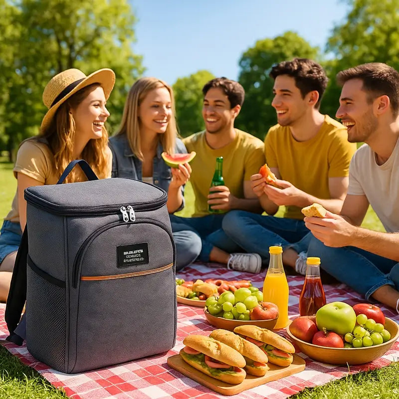 Homme souriant en train de cuisiner au barbecue dans un jardin, avec un sac à dos isotherme gris à ses côtés pour conserver la viande au frais avant cuisson.
