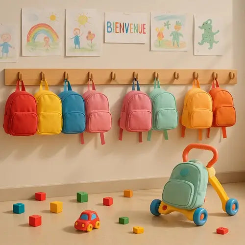 Rangée de sac à dos maternelle aux couleurs vives accrochés à des crochets dans une salle de classe accueillante, décorée de dessins d'enfants et de jouets au sol.