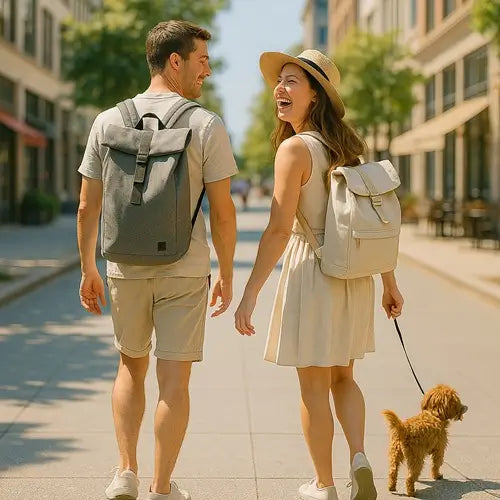 Couple souriant se promenant avec un petit chien, portant des sacs à dos Roll Top beige et gris en centre-ville. Ambiance estivale et détendue. Collection Sac à dos Roll Top.