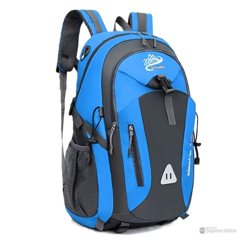 Sac à dos 40L randonnée bleu vif avec détails noirs, compartiments spacieux pour longues randonnées