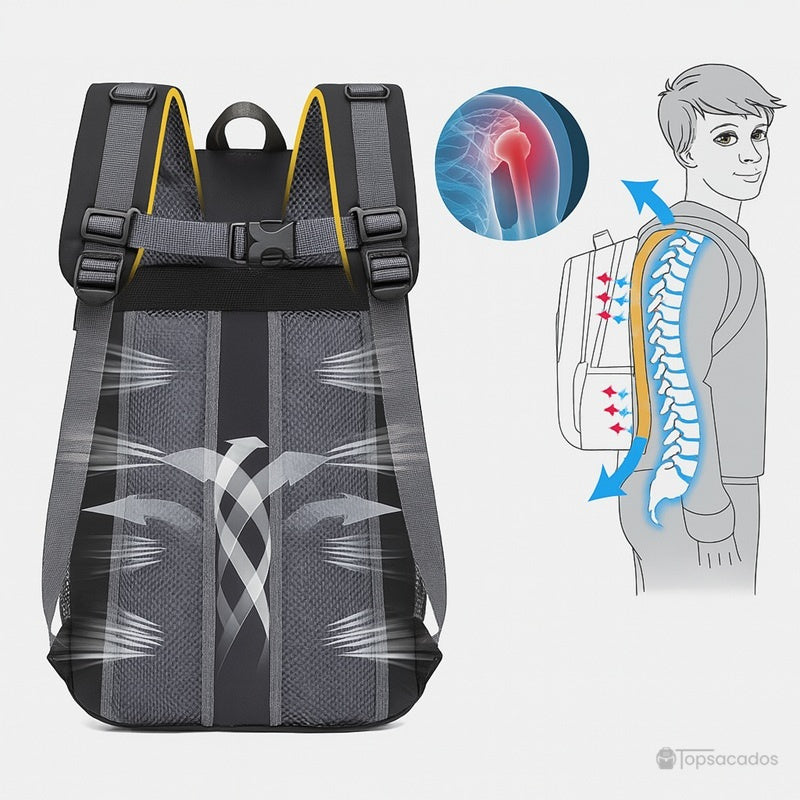 Sac à dos 40L randonnée vue arrière avec système de ventilation dorsal et schéma explicatif ergonomie