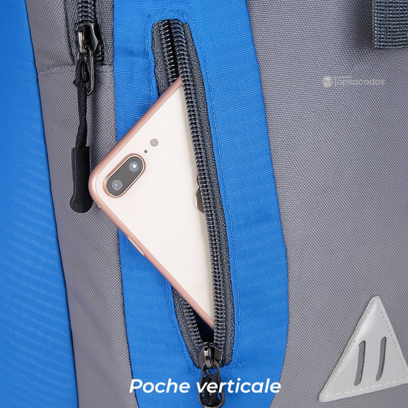 Sac à dos 40L randonnée poche verticale zippée contenant un smartphone, accessible rapidement