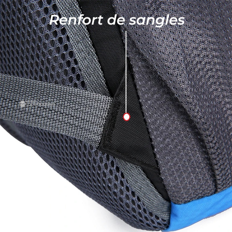 Sac à dos 40L randonnée détail du renfort de sangle latérale cousu dans le filet, zoom sur la robustesse
