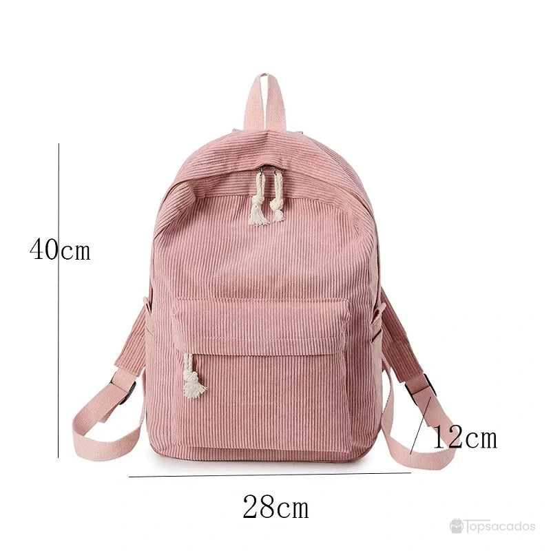 sac à dos college en velours cotelé rose mesurant 40 cm de haut, 28 cm de large et 12 cm de profondeur
