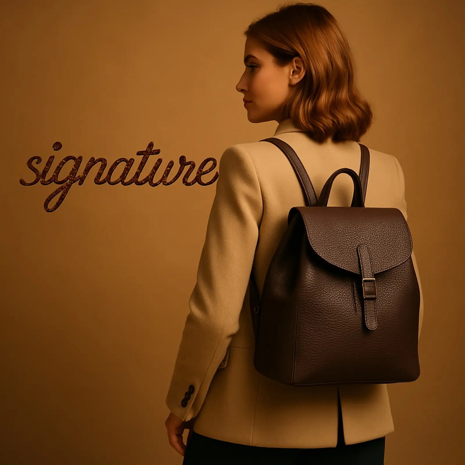 Femme élégante vue de dos portant un manteau beige et un sac à dos femme chic en cuir marron foncé devant un fond doré minimaliste, avec le mot 'signature' en lettrage cursif texturé à gauche de l’image