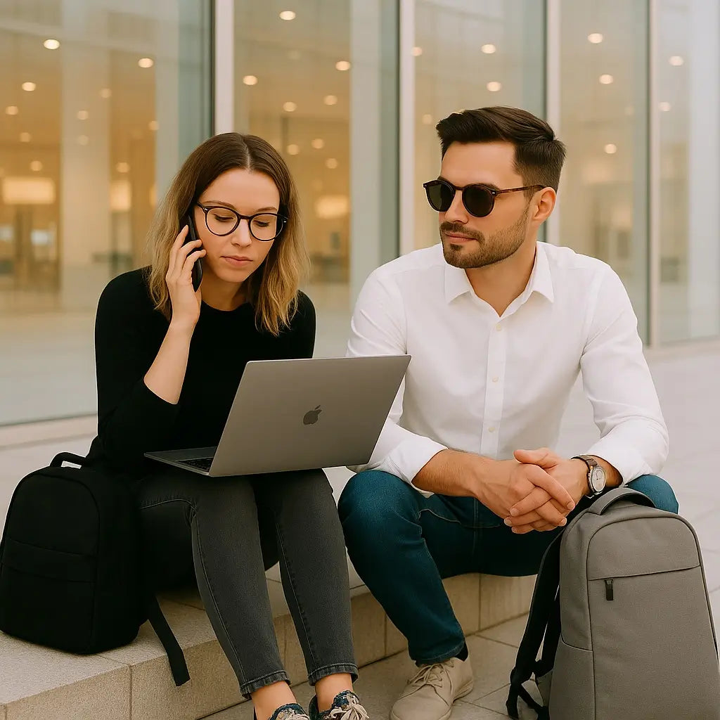 eune femme utilisant un ordinateur portable à côté d'un homme avec un sac à dos ordinateur moderne, assis devant une vitrine claire et contemporaine.