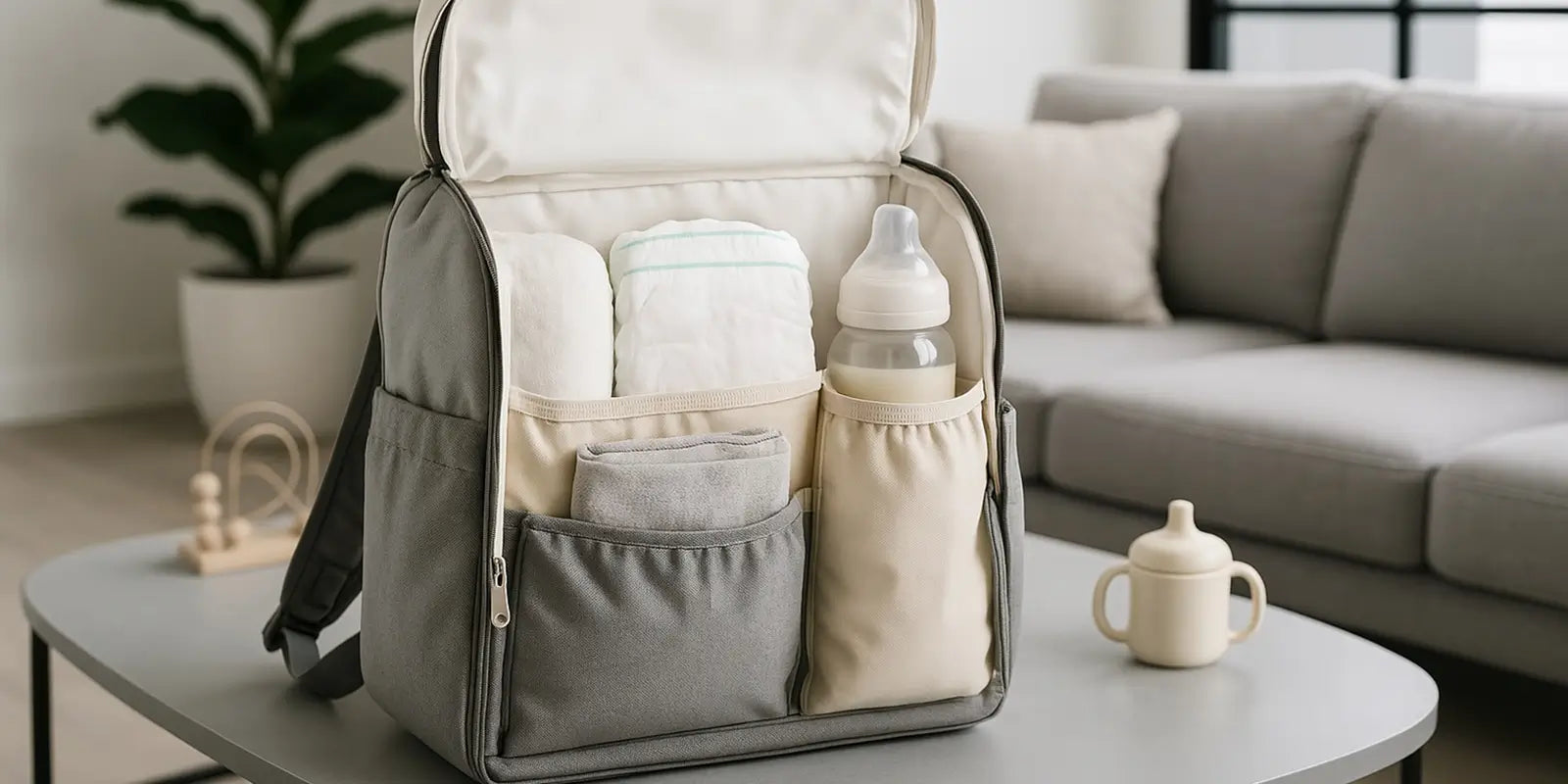 Sac à dos à langer pour bébé posé sur une table basse dans un salon au design moderne, avec un intérieur bien organisé contenant un biberon, des couches, une serviette et des lingettes. En arrière-plan, un canapé gris, et une plante apportent une ambiance familiale et épurée.