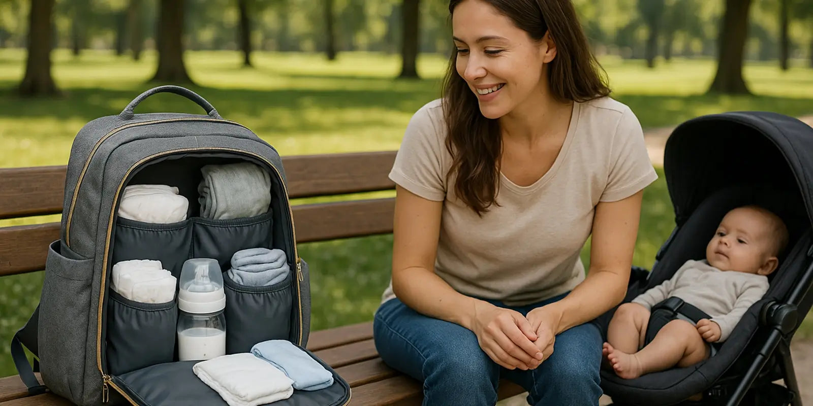 Sac à dos à langer ouvert sur un banc en plein air, à côté d'une maman souriante et de son bébé installé dans une poussette. Le sac contient des couches, un biberon, des serviettes et d'autres accessoires pour bébé, illustrant une sortie bien organisée au parc.