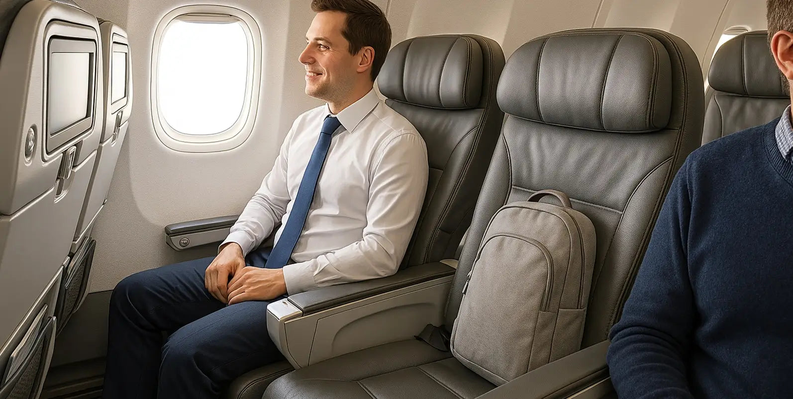 Homme regardant par le hublot en classe affaires avec un sac à dos cabine gris clair posé sur le siège voisin dans un avion moderne