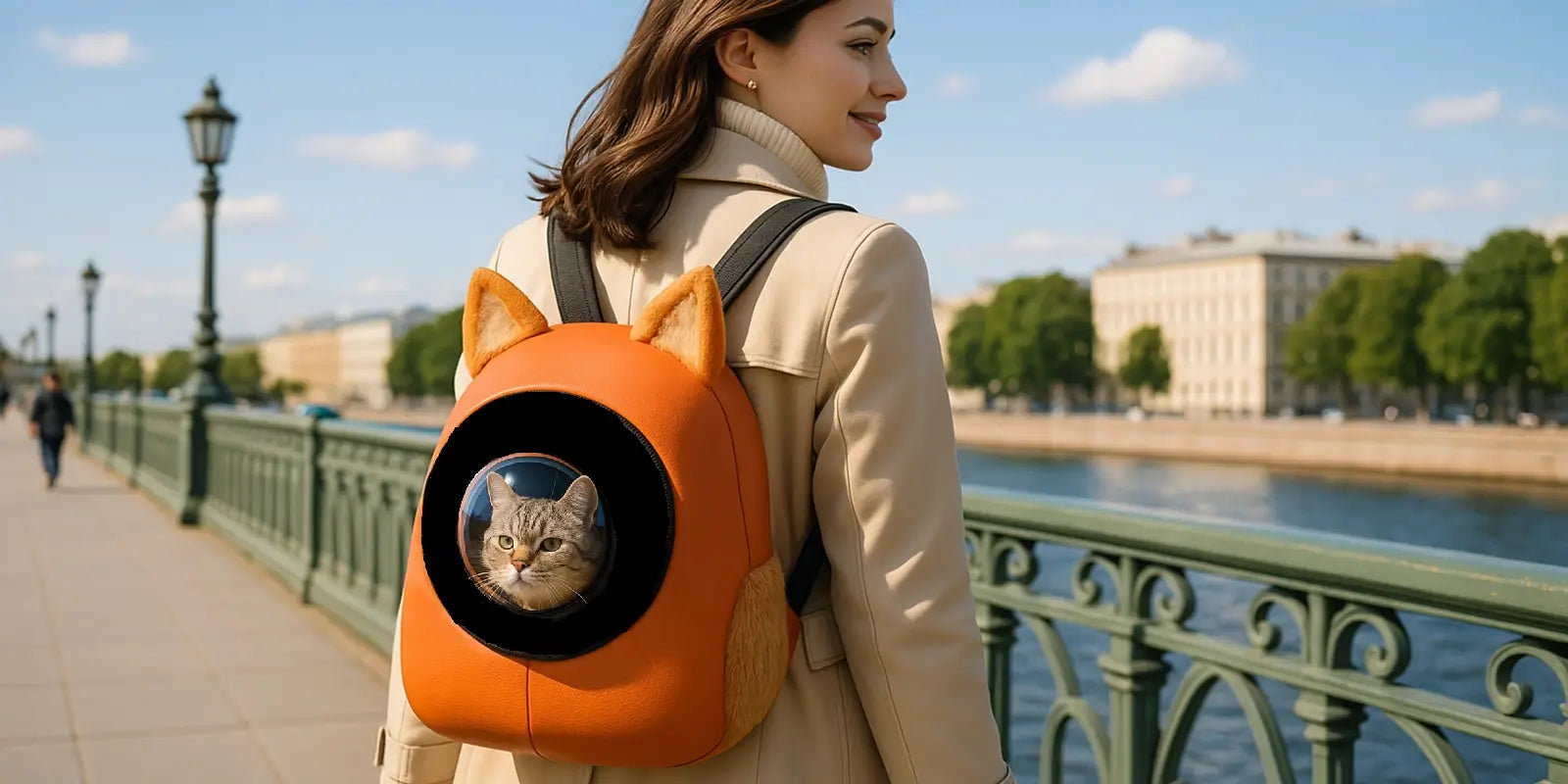 Femme élégante marchant sur un pont ensoleillé avec un sac à dos chat orange contenant un chat tigré regardant à travers la bulle transparente