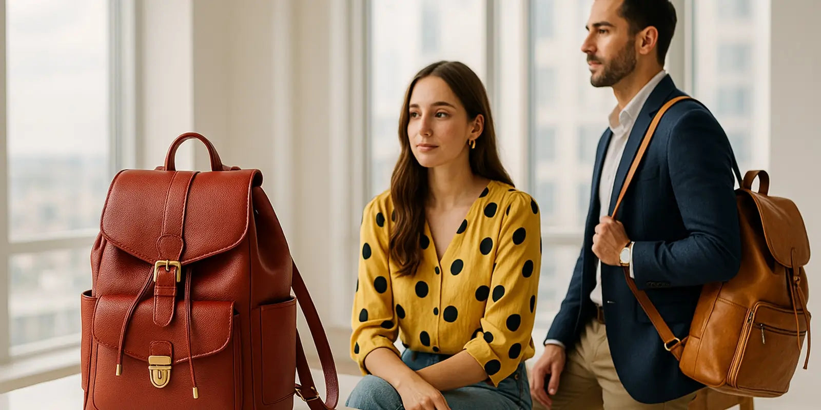 Sac à dos en cuir marron mis en avant devant un couple élégant en intérieur, avec une femme en blouse jaune à pois et un homme en blazer portant un sac à dos en cuir camel