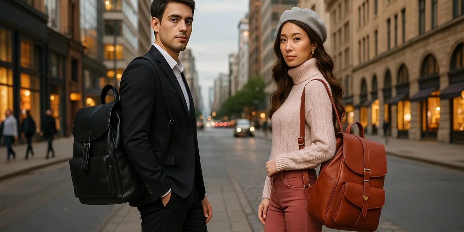 Homme et femme élégants en ville portant chacun un sac à dos en cuir, posant dans une rue chic bordée de boutiques lumineuses