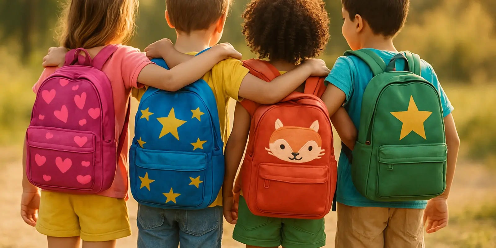 Enfants portant des sacs à dos colorés avec motifs ludiques — cœurs, étoiles et renard — parfaits pour l’école maternelle ou la crèche"