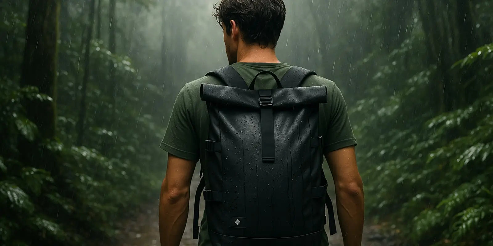 Homme portant un sac à dos étanche noir en pleine randonnée sous la pluie, parfait pour les activités outdoor et les conditions humides