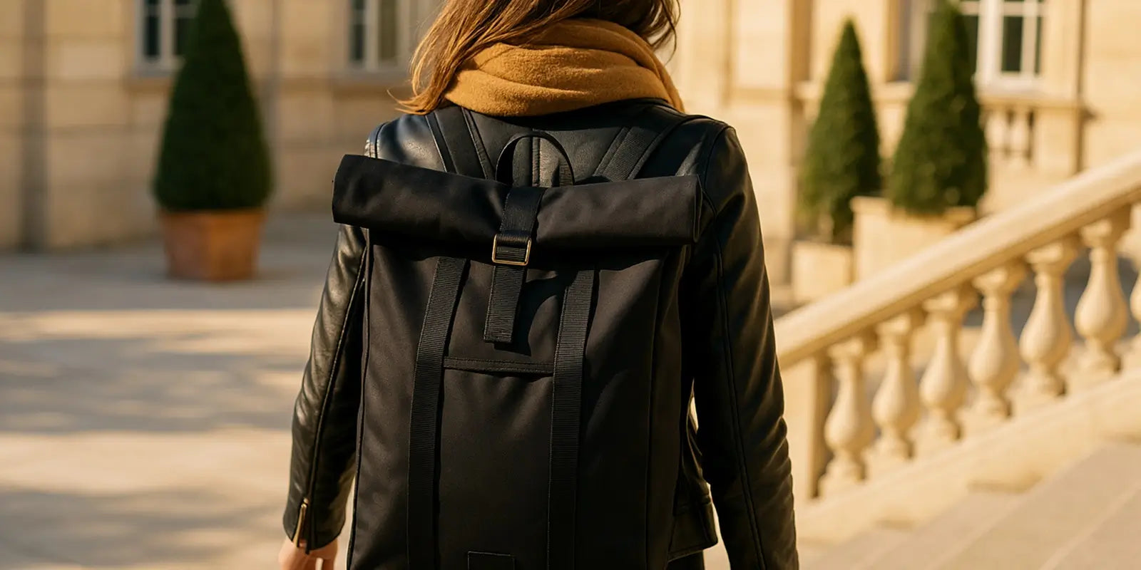Femme portant un sac à dos femme noir, en manteau en cuir et écharpe, marchant devant un bâtiment élégant