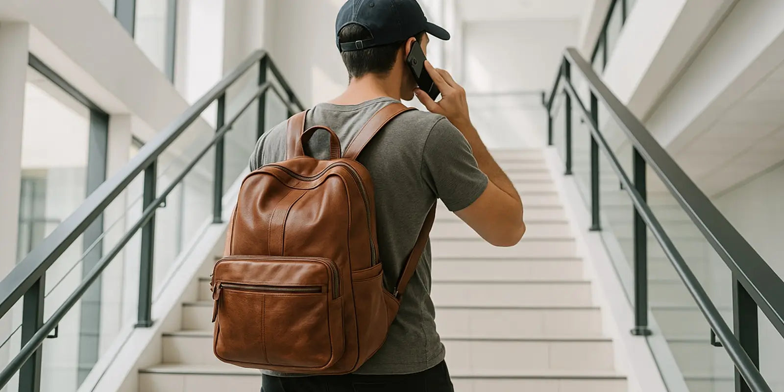 Jeune homme portant un sac à dos  homme cuir marron, montant un escalier moderne dans un bâtiment contemporain lumineux.