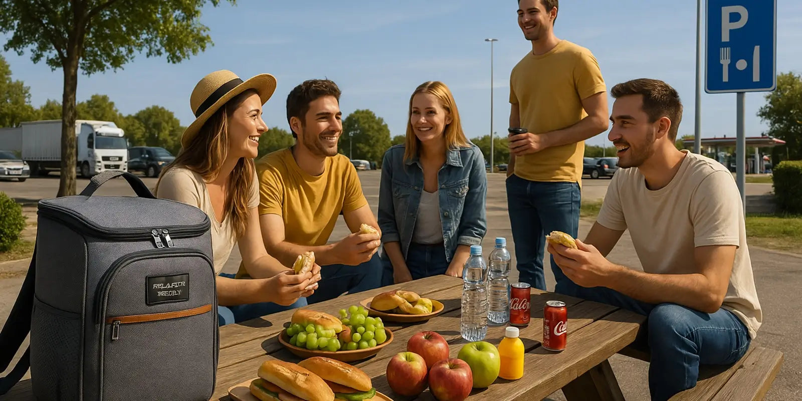 Pause déjeuner à une aire d'autoroute en journée avec cinq adultes assis autour d'une table de pique-nique. Un sac à dos isotherme gris avec poche avant en cuir est posé sur la table, entouré de sandwiches, fruits, bouteilles et canettes. Voitures en arrière-plan, ciel bleu, arbres et ambiance conviviale de voyage.