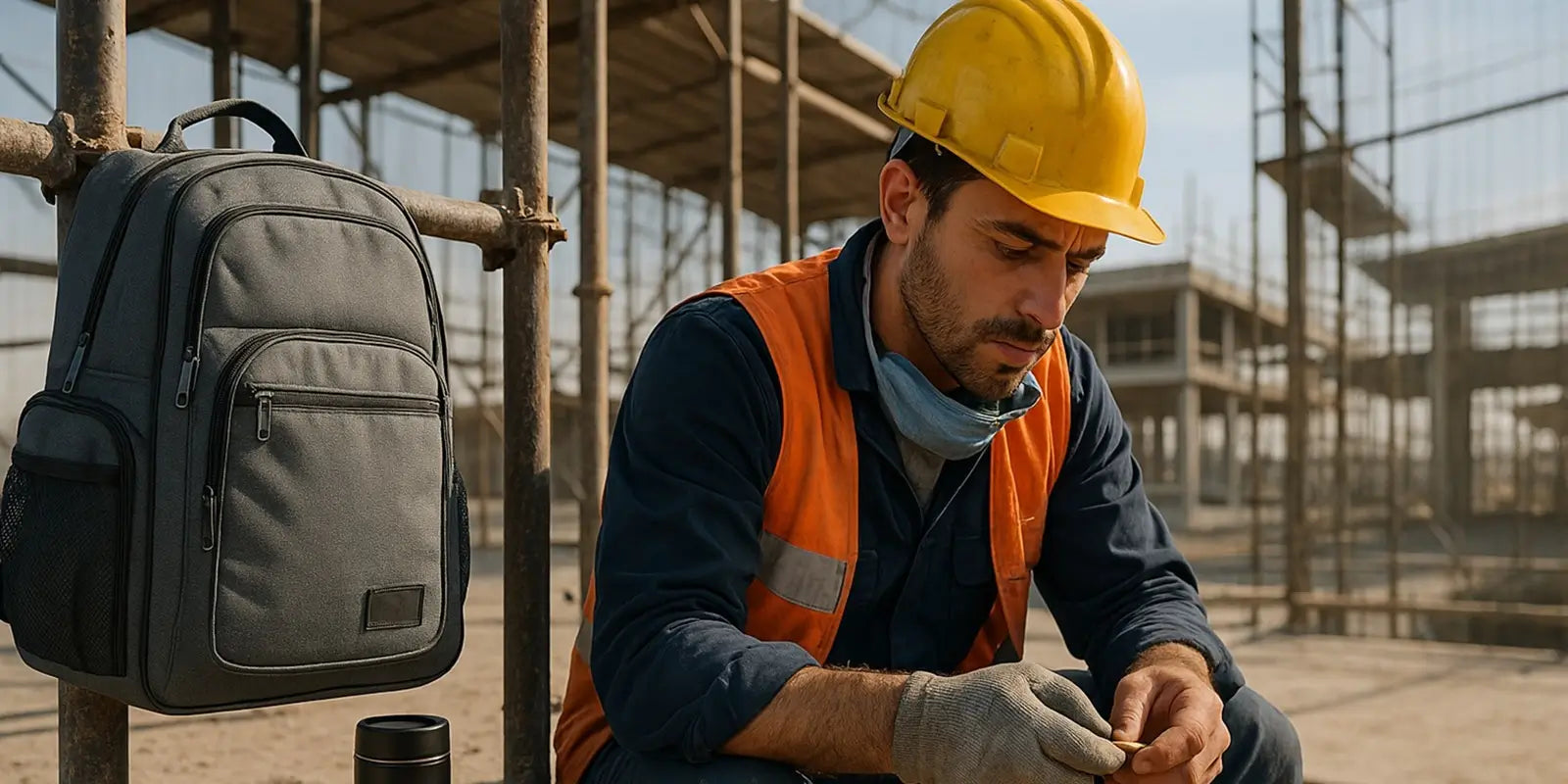 Sac à dos isotherme gris parfait pour garder les repas frais posé à coté d'homme en tenue de chantier et casque jaune prenant une pause déjeuner.