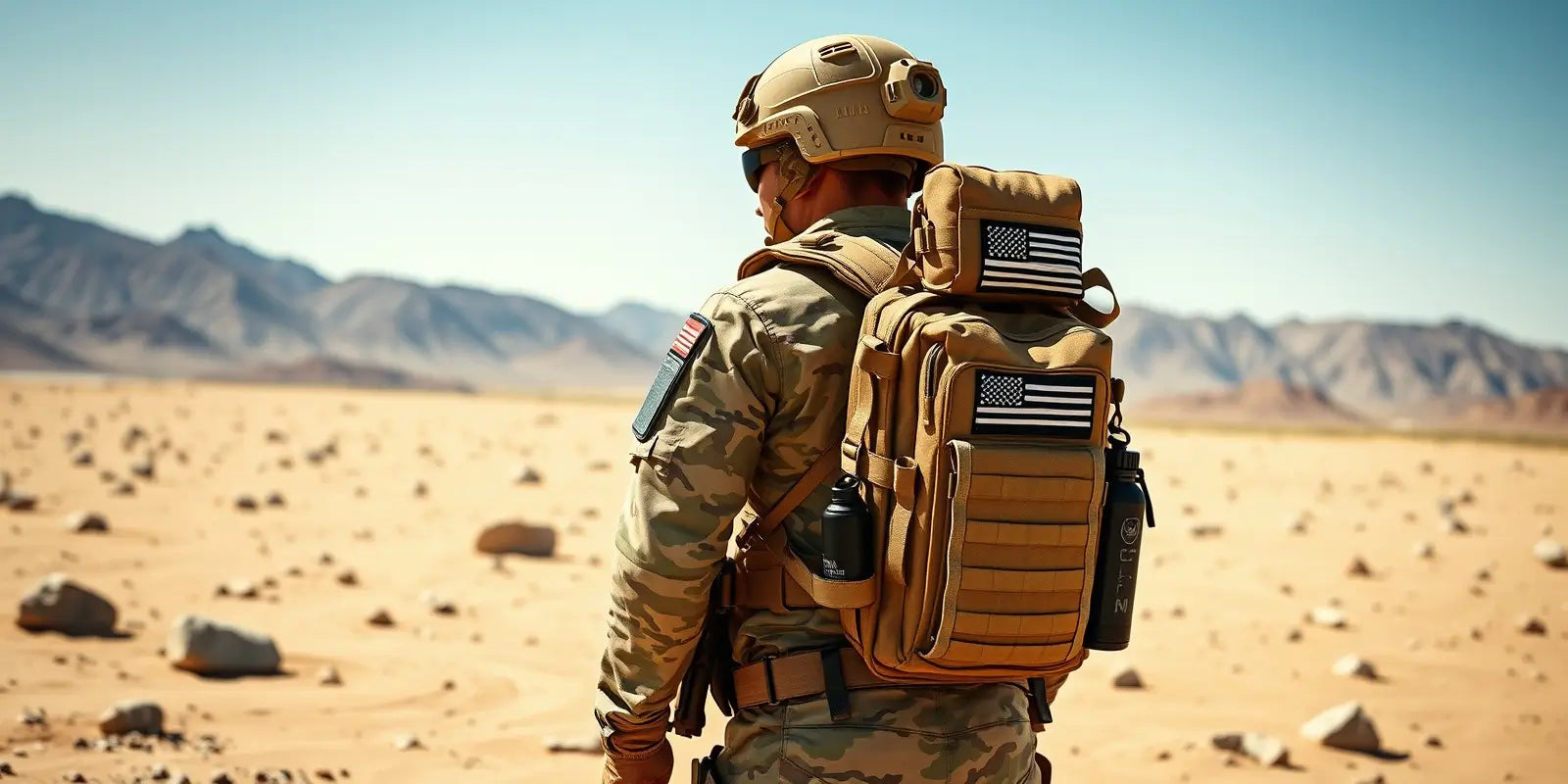 Sac à dos militaire tactique porté par un soldat équipé d’un casque et d’un uniforme de combat, évoluant dans un désert rocailleux avec vue sur les montagnes à l’horizon