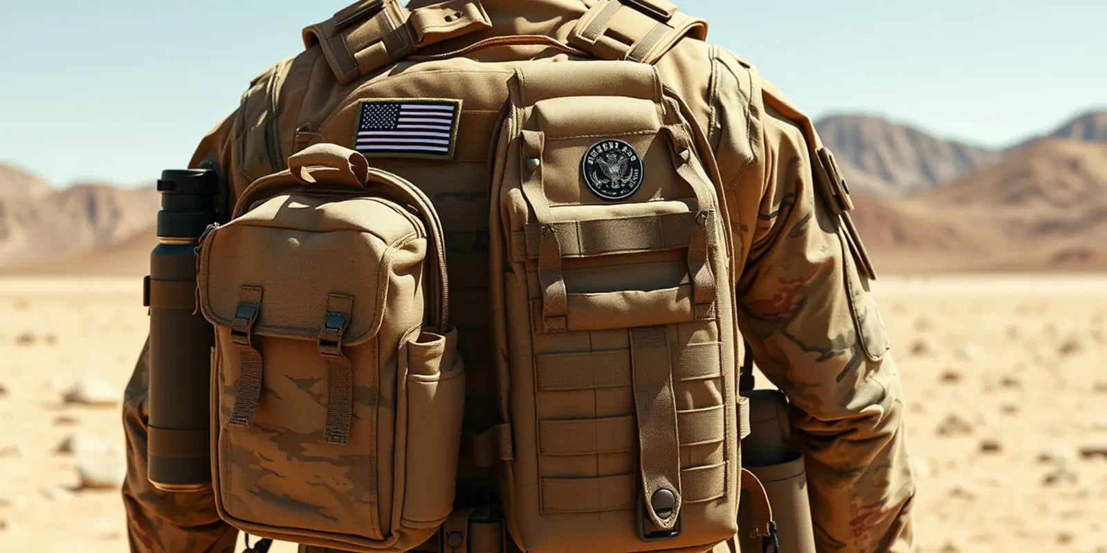 Sac à dos militaire renforcé fixé sur le dos d’un soldat en tenue tactique désert, avec gourdes latérales et patchs brodés visibles sur fond de montagnes