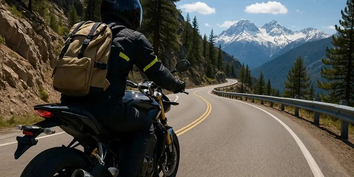 Sac à dos moto beige porté par un motard sur une route de montagne panoramique, idéal pour les road trips à deux-roues.