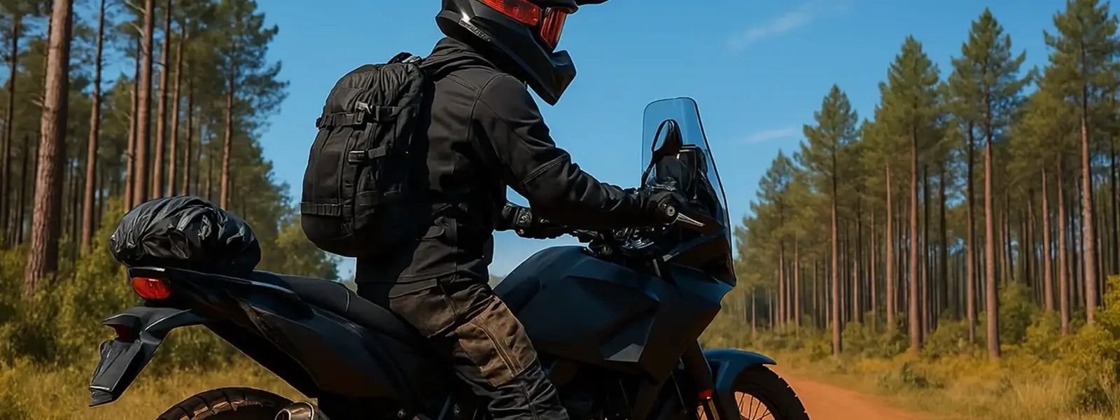 Sac à dos moto noir porté par un motard sur une route forestière — idéal pour les longues randonnées à deux-roues et les trajets tout-terrain