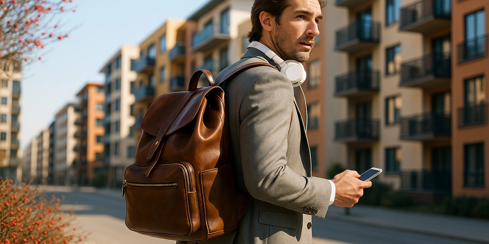 Sac à dos ville homme porté par un homme élégant en tenue urbaine, parfait pour les déplacements quotidiens en ville