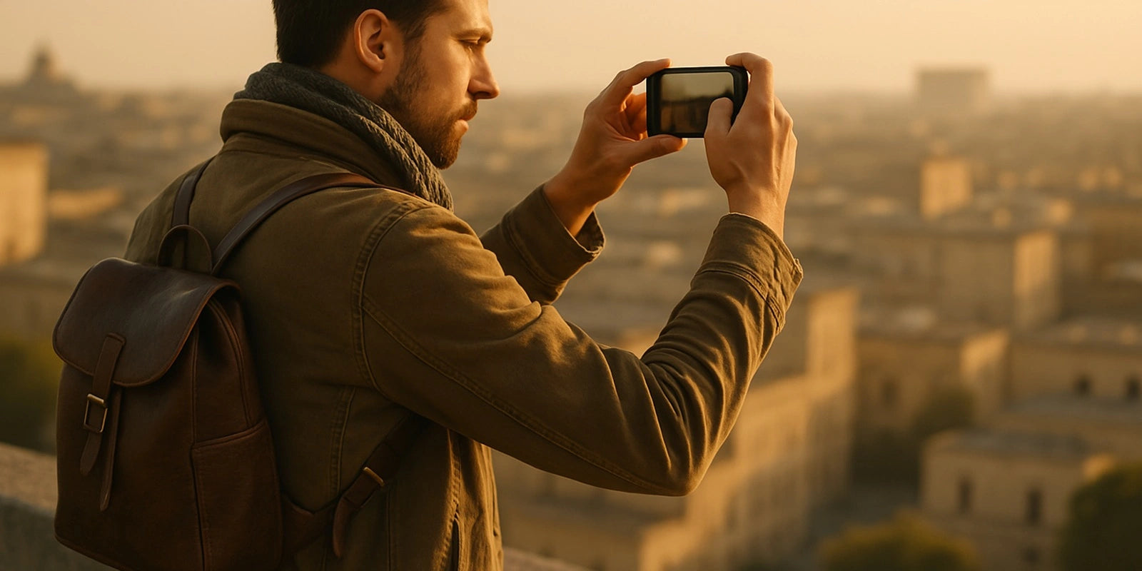 Sac à dos ville homme en cuir porté par un homme photographiant une vue urbaine au coucher du soleil