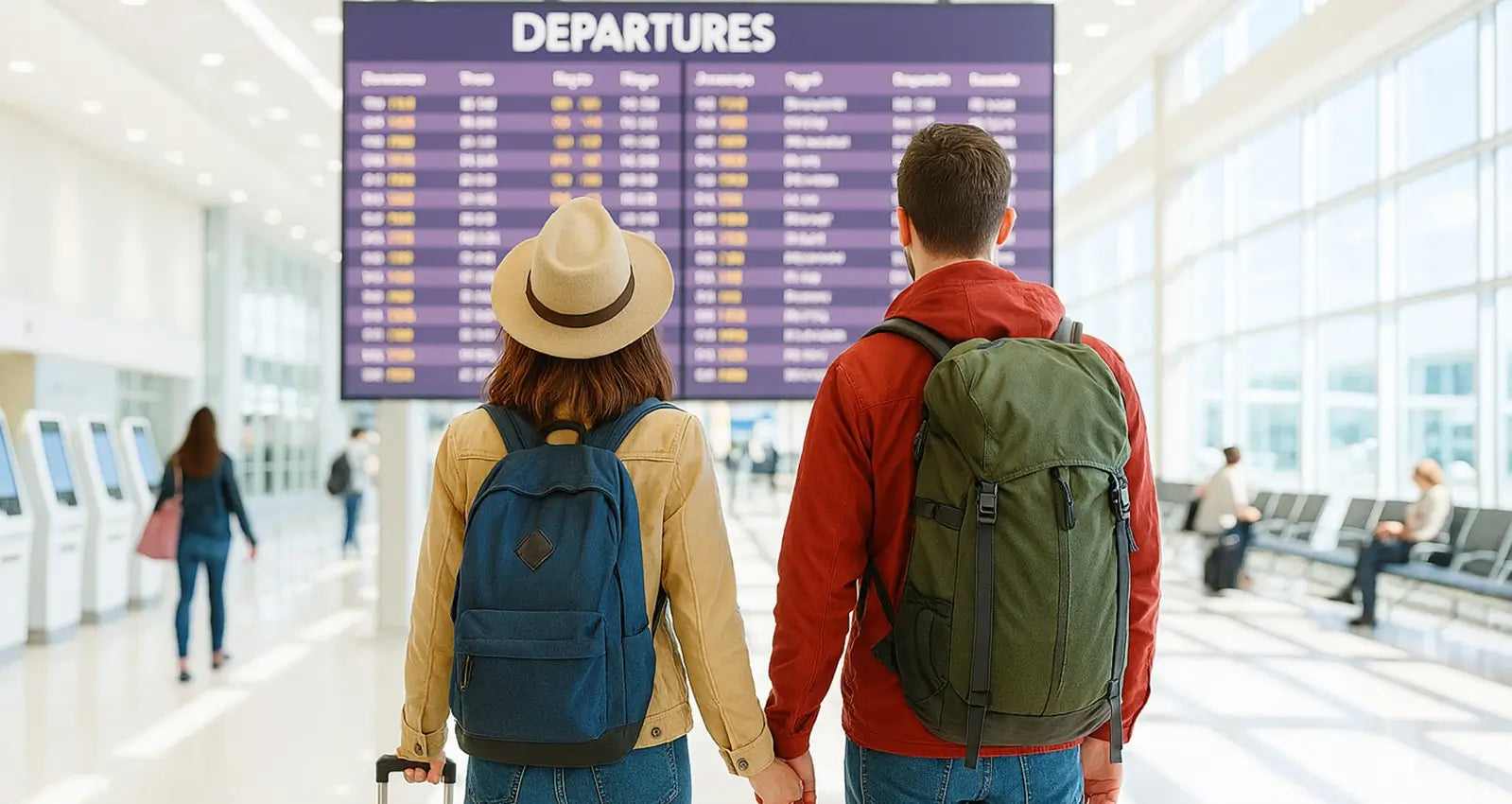 Couple avec sac à dos voyage regardant un panneau de départ dans un aéroport lumineux.
