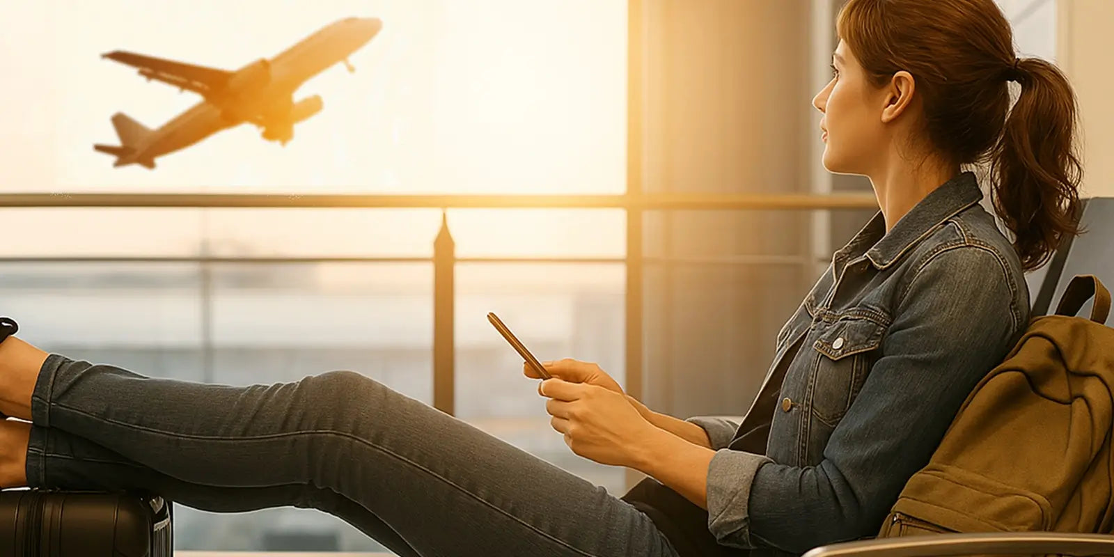 Femme assise dans un aéroport regardant un avion décoller, tenant un téléphone, avec un sac à dos voyage avion kaki à côté d’elle, au coucher du soleil.