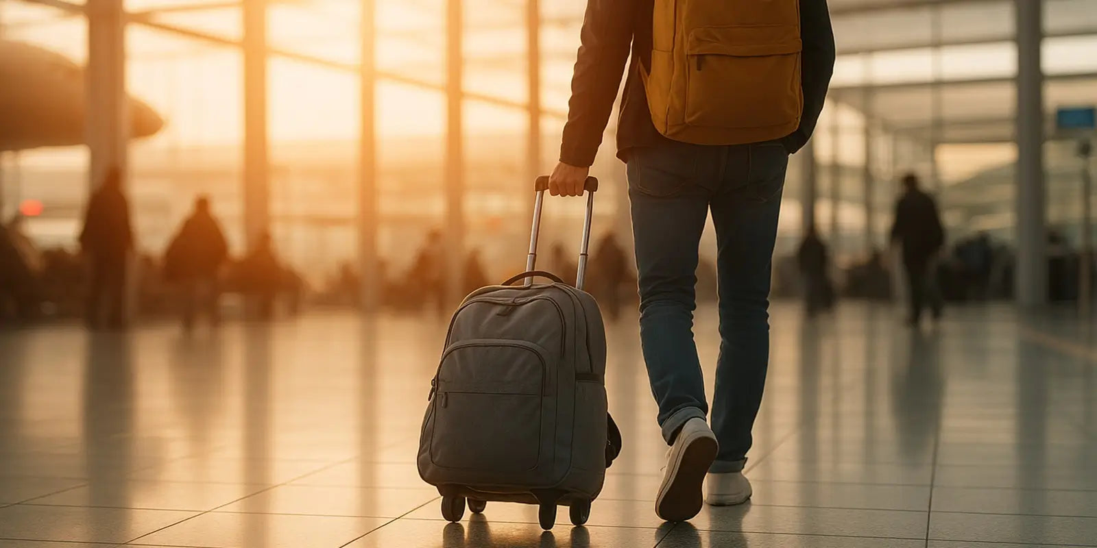 Voyageur dans un aéroport moderne tirant un sac à dos gris à roulettes, portant un sac jaune moutarde, éclairé par une lumière dorée de coucher de soleil