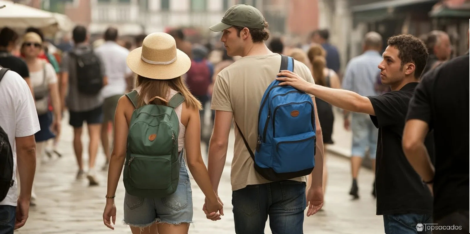 Sac à dos antivol – Un homme et une femme marchent main dans la main, chacun portant un sac à dos sécurisé, pendant qu’un pickpocket tente discrètement d’ouvrir la fermeture du sac de l’homme dans une rue touristique animée.