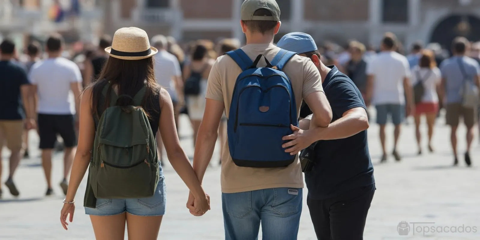 Sac à dos antivol – Scène réaliste d’un pickpocket ouvrant un sac bleu dans une foule, tandis que le couple ciblé continue de marcher sans se douter de rien.