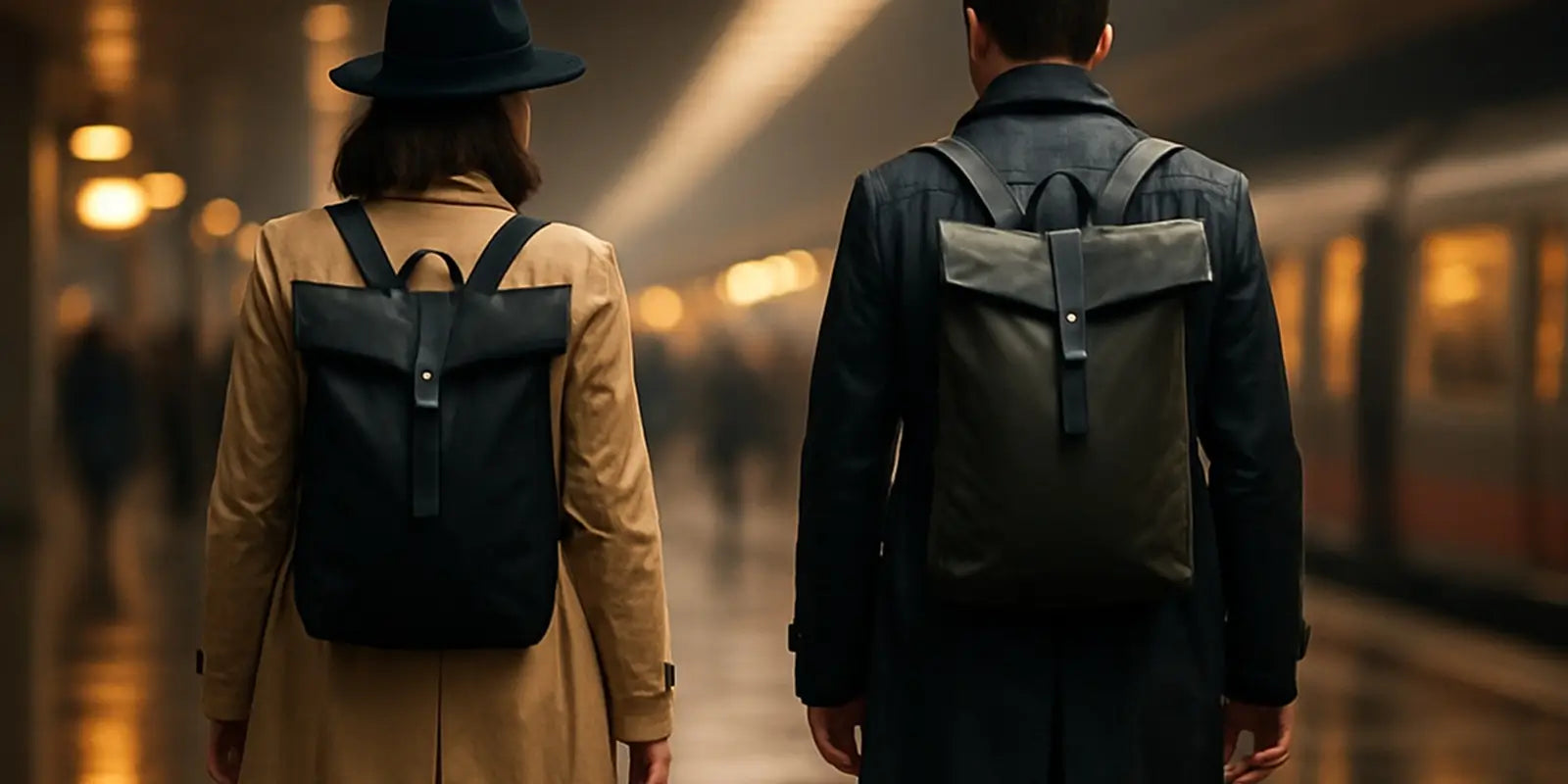 Deux personnes habillées en manteaux sombres dans une station de métro, portant un sac à dos Roll Top noir et kaki. Ambiance urbaine nocturne. Collection Sac à dos Roll Top.