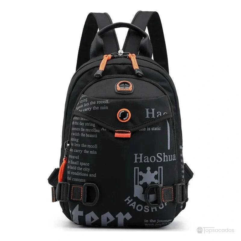 Petit Sac à dos noir avec imprimés blancs et détails orange, photographié de face sur fond blanc, avec poignée et sangles visibles