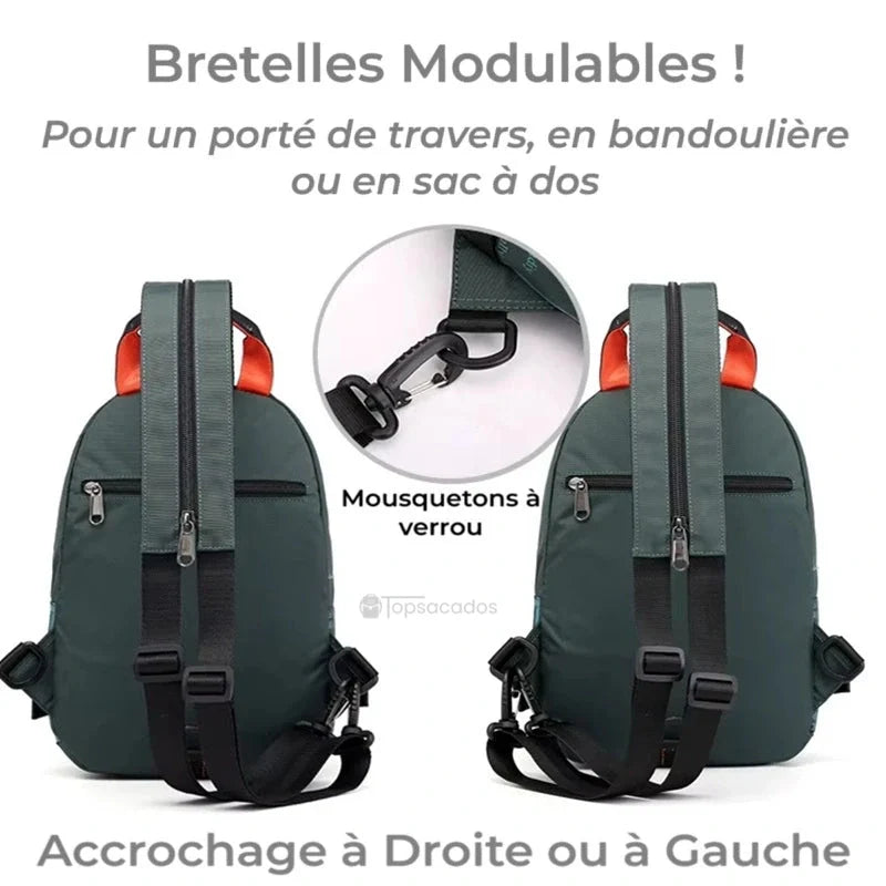 Petit Sac à dos avec bretelles modulables, vue arrière sur fond blanc avec zoom sur les mousquetons à verrou, texte explicatif en haut de l’image