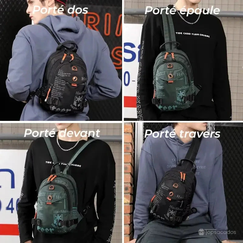 Petit Sac à dos porté de quatre façons différentes par un jeune homme, en dos, épaule, devant et en travers, dans un environnement urbain