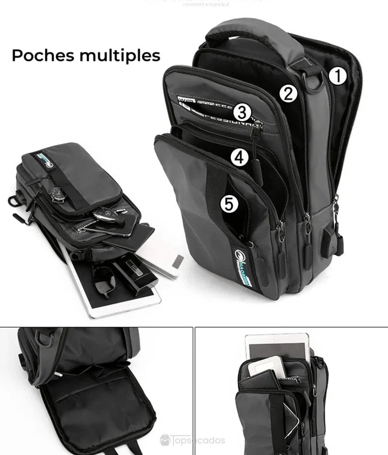 Petit sac à dos homme compartiments multiples illustrés avec accessoires, démontrant une grande capacité de rangement intérieur.