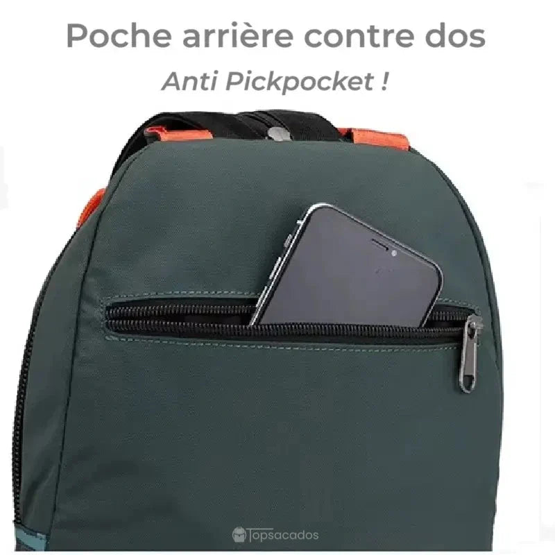 Petit Sac à dos avec poche arrière zippée contenant un téléphone portable, texte explicatif ‘anti pickpocket’, sur fond blanc