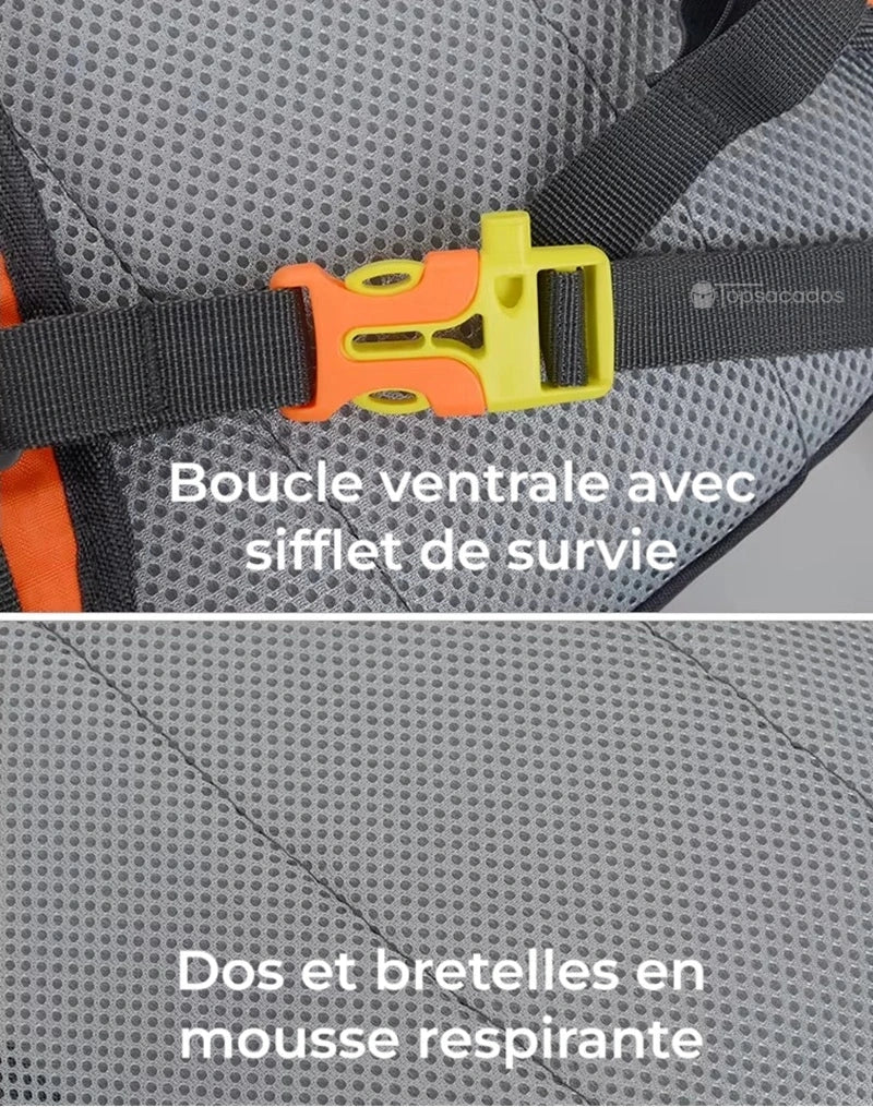 Petit Sac à dos randonnée femme avec boucle ventrale munie d’un sifflet de survie et dos en mousse respirante pour plus de confort.