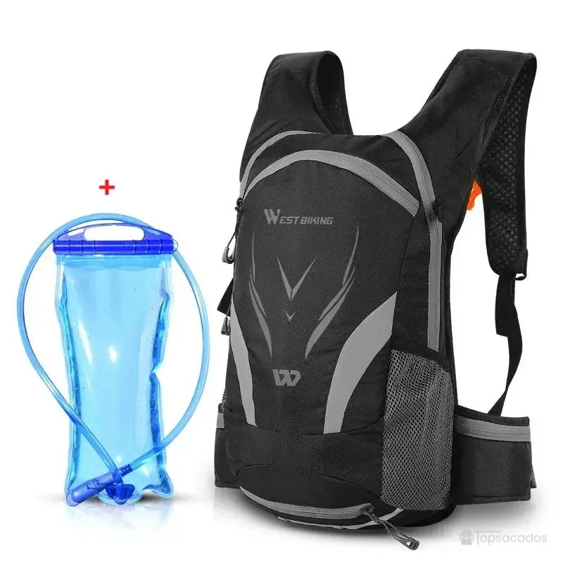 sac à dos 16 l noir et gris accompagné d’une poche à eau bleue, idéal pour la randonnée ou le cyclisme longue distance