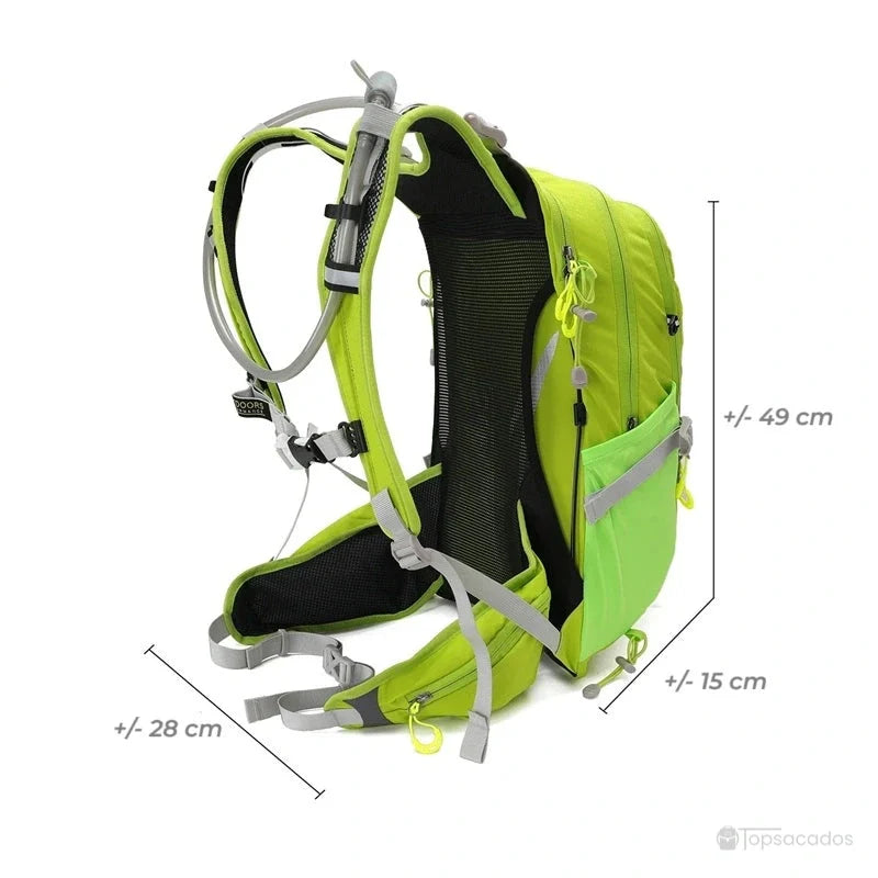 Sac à dos 20 L randonnée vert fluo 20L vu de côté avec mesures précises en centimètres sur fond blanc